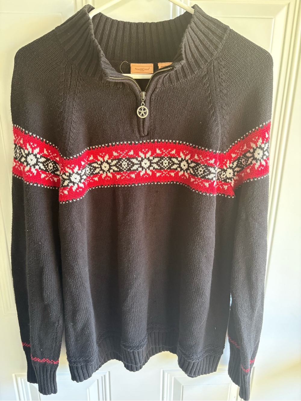 Northcrest Black Women’s Sweater with Red and White Snowflake Chest Band